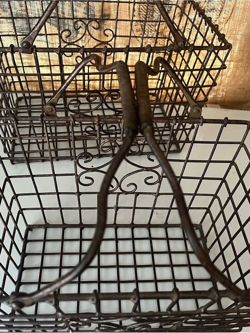 Vintage heavy weight Rustic Iron Wire Basket with Scroll Handles - Brown